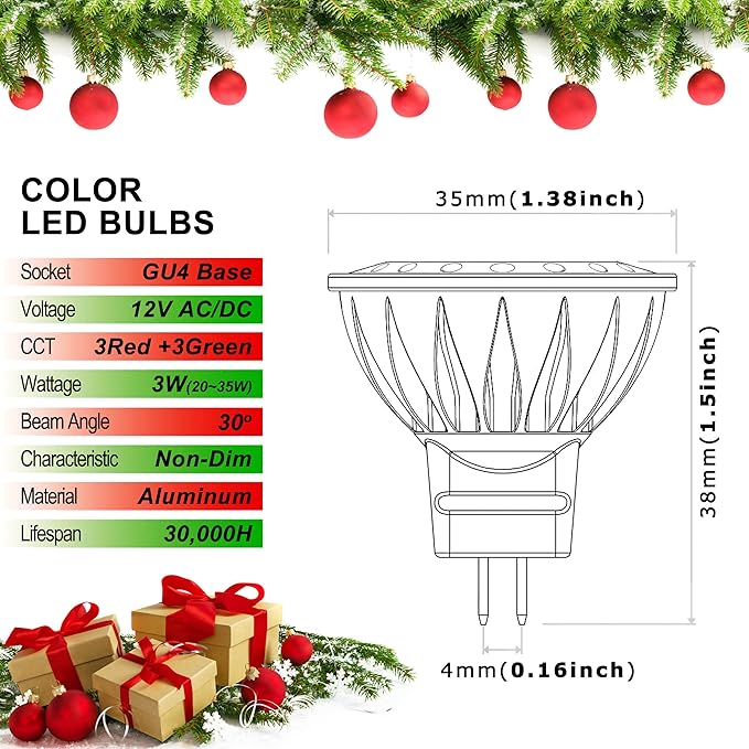 ALIDE Red Green MR11 GU4 Led Bulbs,Replace 10W 20W 35W Halogen,12V 3W Red Green MR11 for Christmas Holiday Decoration Outdoor Landscape Lighting,30 Deg,6 Pack Mix