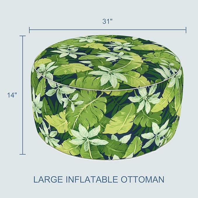 LVTXIII Indoor/Outdoor Extra Large Inflatable Ottoman Pouf D31 x H14 Inch, Round Footstool with Handle, Weather-Resistant Portable Furniture for Patio, Camping, Beach, Jungle Leaves