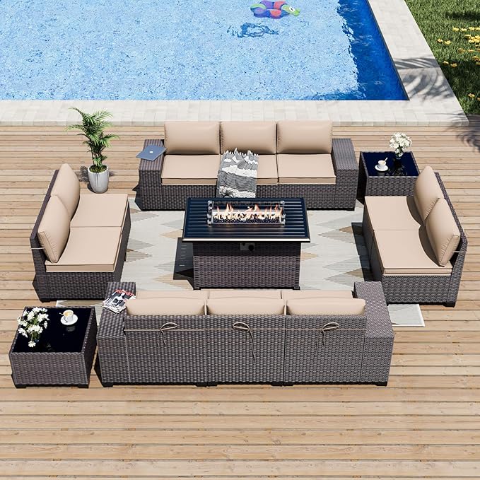 ALAULM 13 Pieces Patio Furniture Set with Propane Fire Pit Table Patio Sectional Sofa 43" Gas Fire Pit Brown PE Rattan Patio Conversation Set w/10 Seat Cushions-Sand