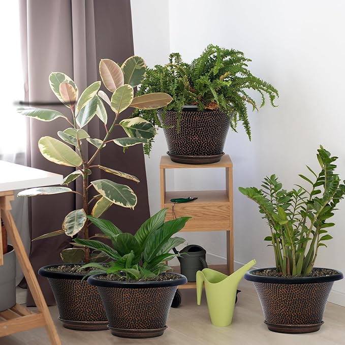 Quarut 12 Inch Pots for Plants,4 Pack Large Flower Pots with Drainage Hole & Saucer,Modern Planters for Indoor Outdoor Plants,Decorative Resin Garden Pots Brown