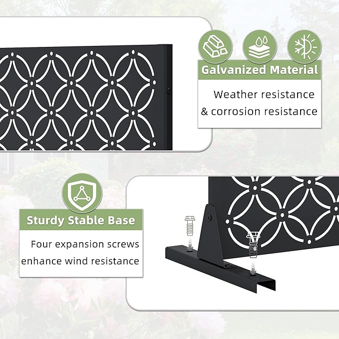 Casaphoria Metal Privacy Screen Outdoor, 72" H x 47" W Freestanding Decorative Privacy Screen for Patio Deck Balcony Garden with Stable Base, Palace Black