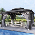 Aoxun 10'x12' Hardtop Gazebo, Aluminum Frame Canopy with Double Galvanized Steel Roof, Outdoor Metal Pavilion with Netting, and LED Outdoor Waterproof Hanging Lights