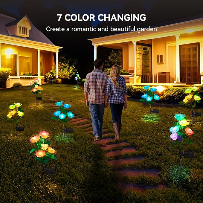 WdtPro Solar Lights Outdoor, 8 Pack Solar Garden Light with 40 Rose Flowers, 7 Color Changing Solar Powered Flowers Lights Waterproof for Outside Patio Yard Pathway Decor