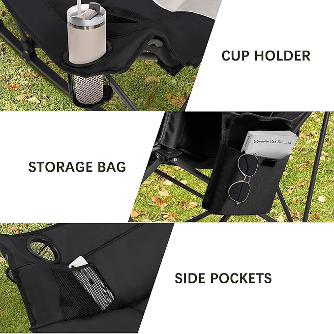 Oversized Rocking Camping Chair with Headrest & Cup Holder - 400lbs Capacity, 600D Oxford Fabric, Easy Fold Portable Outdoor Rocker Chair for Camping, Backyard, Beach, Light Gray
