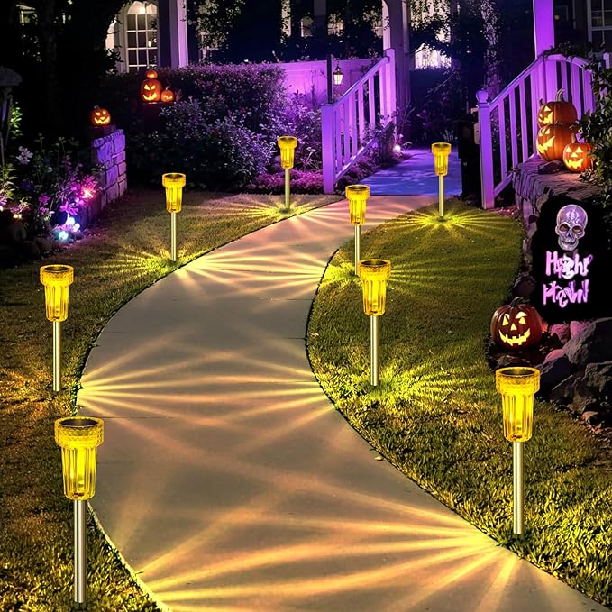 DERAYSION Solar Lights Outdoor LED Orange Waterproof Pathway Lights Yard Auto Dusk-to-Dawn Path Landscape Lights for Garden Outdoor Decorative 8 Pack