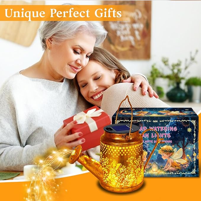 Solar Powered Hummingbird with Flowers Watering Can Lights Waterproof Outdoor Garden Decor with Shepherd Hook, Hanging Lights for Yard, Porch, Backyard Perfect Christmas Gift for Women, Mom, Grandma