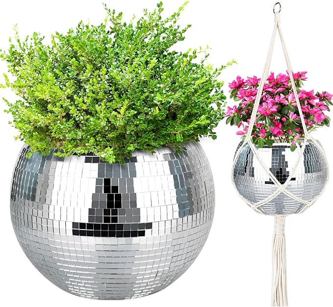 Disco Ball Planter, 1pcs 10” Silver Disco Ball Planter, Disco Ball Plant Hanger with Hanging Rope, Hanging Chain, Hook, Circle and Extra Mirror Pieces