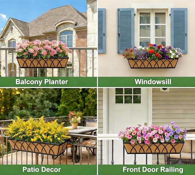 Y&M Planter, 24in Metal Box with Coco Liner, Indoor Outdoor Window/Railing Planter, 2pcs, Black