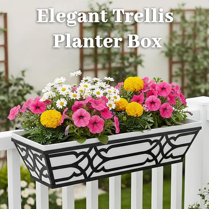 4 Pack 24 Inch Railing Boxes Planter for Outdoor Plants Adjustable Brackets for Porch Fence and Balcony Window Planter Box with Non-Woven Fabric Liner for Hanging Flower Baskets