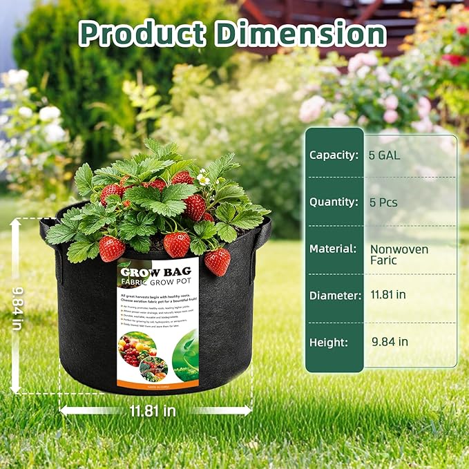 5 Pack 5 Gallon Grow Bags, Thickened Aeration Nonwoven Fabric Plant Pots with Handles, Heavy Duty 300G Garden Planting Bag for Tomato, Potato, Strawberry, Vegetable, Fruits and Flowers