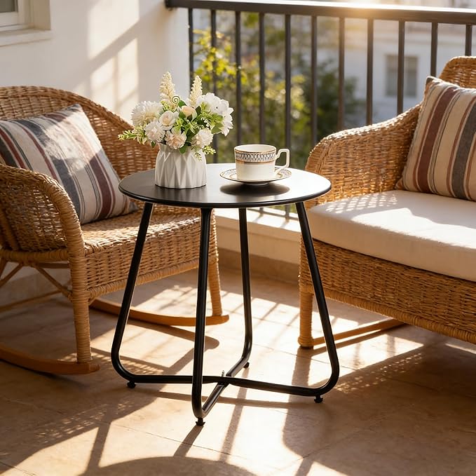 HollyHOME Round Metal Side Table, Rust-Resistant Patio Small Plant Stand, Outdoor 17.32'' Portable End Table for Balconies, Gardens, Living Rooms and Bedrooms, Black