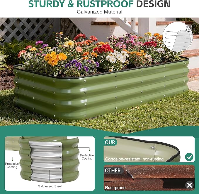 4 in 1Galvanized Raised Garden Bed - 5x3x1ft Modular Garden Planter Bed Outdoor | Steel Raised Bed Kit with Bracing Rods, Gloves for Gardening Vegetables Fruits and Flowers (Green)