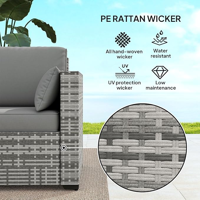 Outsunny Patio Couch PE Wicker Deep Seating Outdoor Sofa with Removable Cushions, 3 Seater Rattan Sofa, Outdoor Furniture for Balcony, Deck, Garden and Poolside, Gray