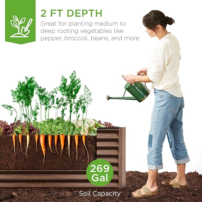 Best Choice Products 6x3x2ft Outdoor Metal Raised Garden Bed, Deep Root Box Planter for Vegetables, Flowers, Herbs, 269 Gallon Capacity, 100% Non Toxic Materials - Dark Brown Wood Grain