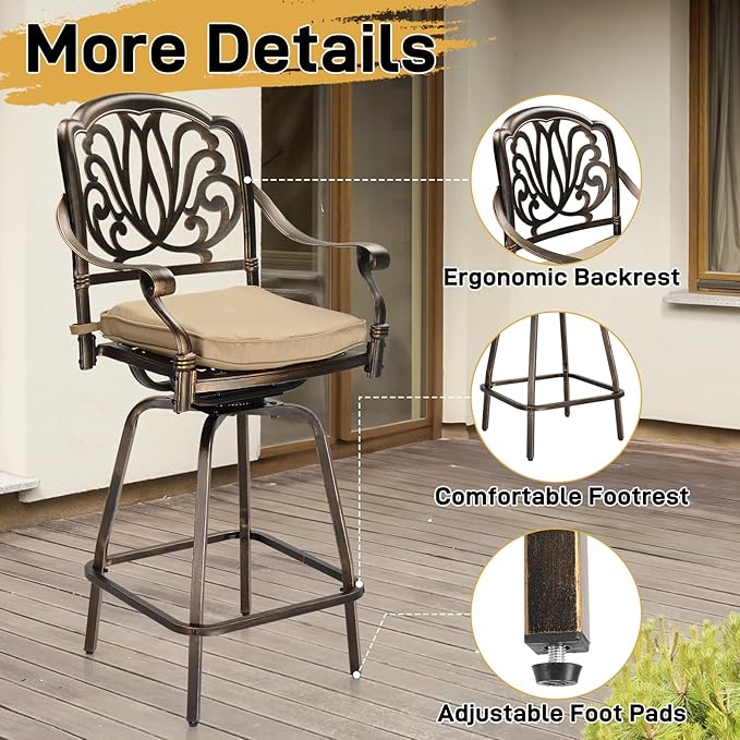 VINGLI Outdoor Swivel Bar Stools Set of 2, Cast Aluminum Patio Bar Height Chairs, All-Weather Bar Dining Chairs Outdoor Swivel Patio Furniture (Elizabethan Back)