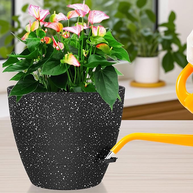 12 Inch Large Self Watering Pots, Flower Pots with Multi-Mesh Drainage Holes and Saucer, Planters for Indoor and Outdoor Garden Plants (Speckled Black)