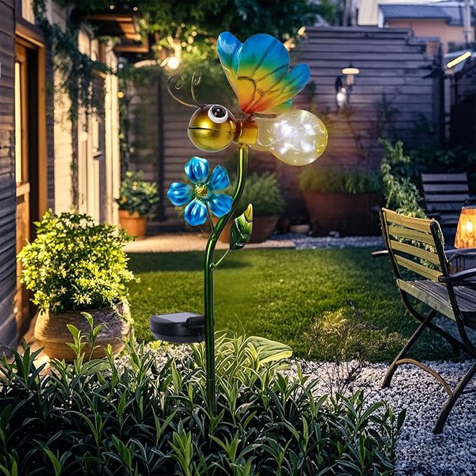 Decorative Solar Lights Outdoor Solar Bee Stake Lights Metal Decorative Garden Lights Outdoor Waterproof Stakes for Pathway Yard Lawn Decoration Mothers Day Mom Gifts