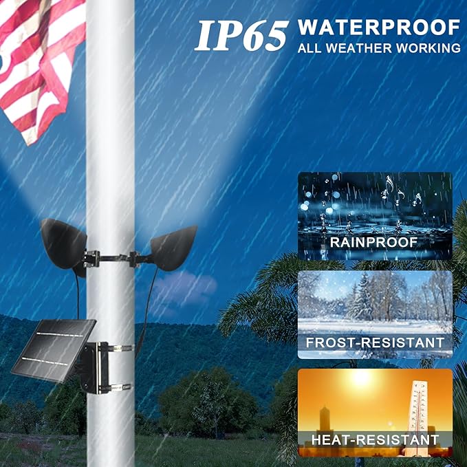 Solar Flag Pole Light 3 Super-Spotlights LEDs, Adjustable Metal Clamps Fits 2-6''Flag Poles, IP65 Waterproof Outdoor Solar Powered Flagpole Lights, 360 Degrees of Flag Illumination Flag Ground House