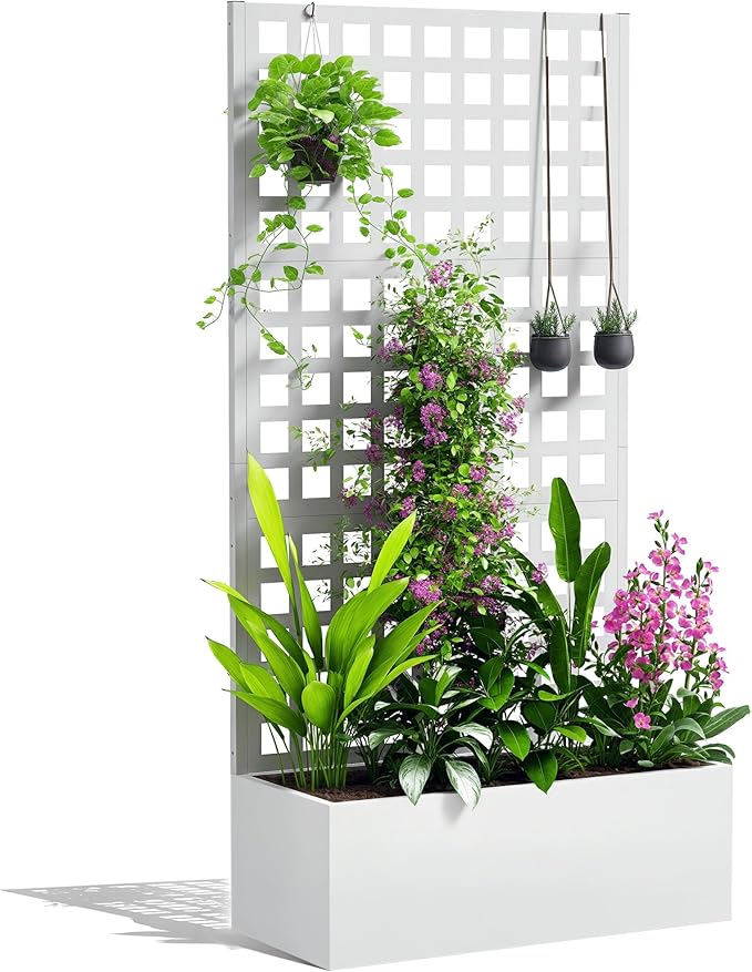 Outsunny Galvanized Raised Garden Bed with Trellis, Metal Planter Box with Drainage Holes, Outdoor Privacy Screen for Climbing Plants, Vegetable, Vines, 35" x 16" x 70", White