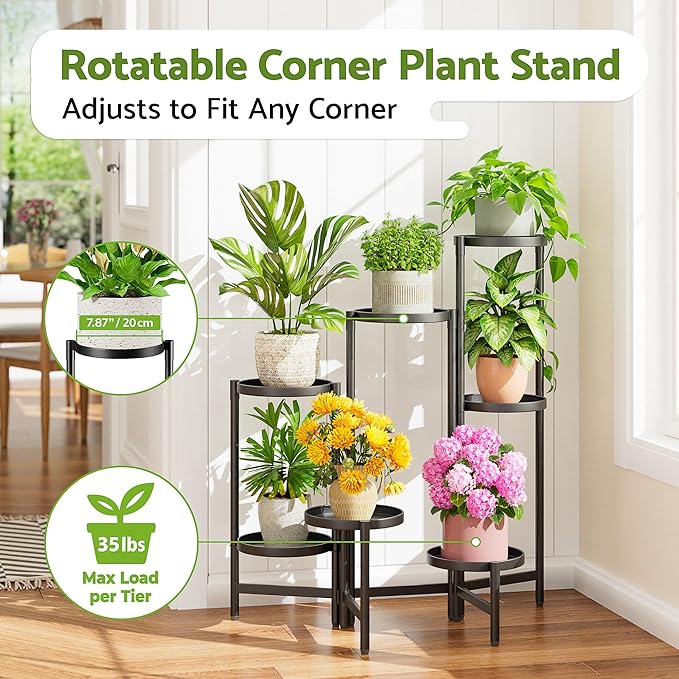 7 Tiered Metal Corner Plant Stand Indoor Outdoor, Tall Large Folding Rack with Rust Proof 7.9 Inch Wide Tray, Heavy Duty Flower Shelf for Multiple Plants for Patio - BlackDisk
