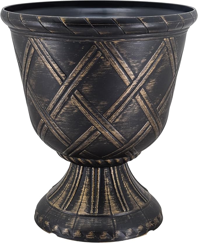 Arcadia Garden Products PL61GD Lattice Plastic Garden Urn, Classic Decorative Garden Pot Planter for Indoor and Outdoor Plants, Gold