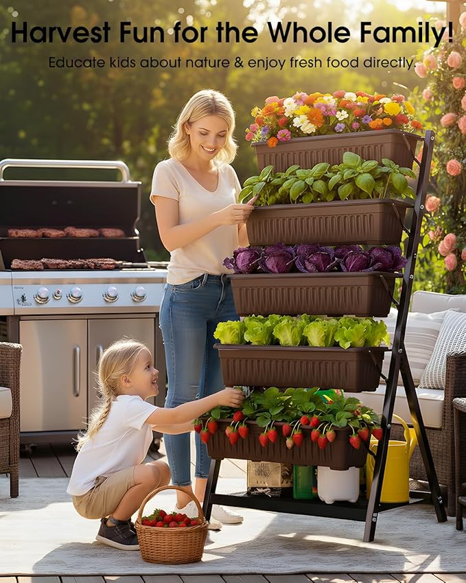 5-Tier Vertical Garden Bed Planter Boxes with Drainage System & Storage Space, Freestanding Vertical Garden Planter with 5 S-Hooks for Plants Vegetables Flowers Herbs in Garden Patio Yard