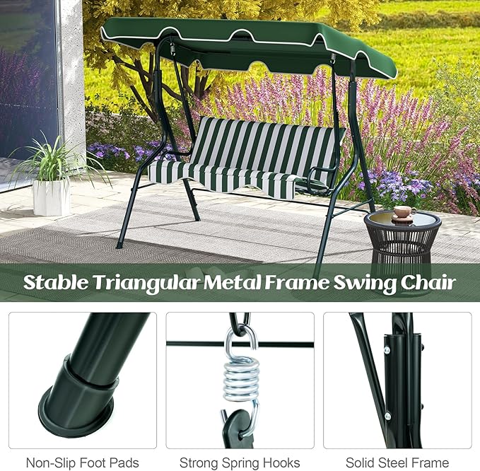 Tangkula 3 Person Porch Swing, Patio Swing with Removable Cushion & Powder-Coated Steel Frame, Outdoor Swing with Canopy for Porch, Backyard, Garden, Balcony (Green)