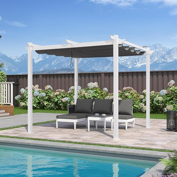PURPLE LEAF 10' x 10' Outdoor Aluminum Pergola White Heavy-Duty Retractable Pergola Patio Metal with Double Sun Shade Canopy for Backyard Gardens Deck, Grey