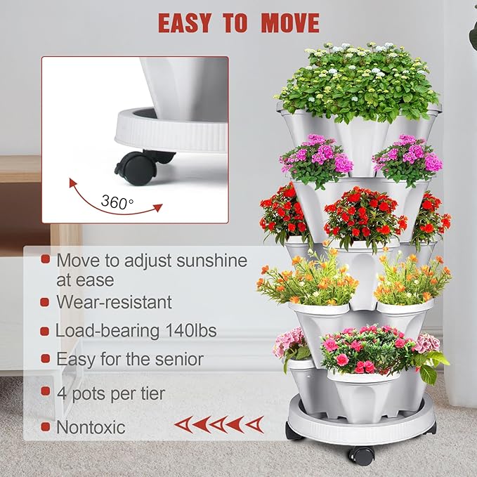 Vertical Strawberry Planter-5 Tier Stackable Herb Tower Planters Stacking Garden Planters Pot Outdoor with Tools Removable Wheels for Growing Flowers, Vegetables and Succulents