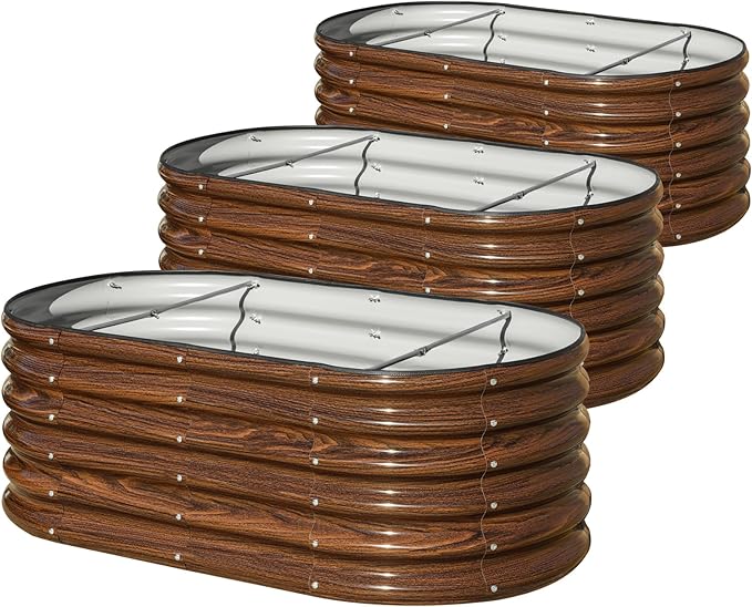 SnugNiture 3 Pcs 4x2x1.5ft Raised Garden Bed Outdoor, 17" Tall Galvanized Metal Planter Box, Oval Raised Garden Bed Kit for Planting Vegetables Plants Fruits, Brown