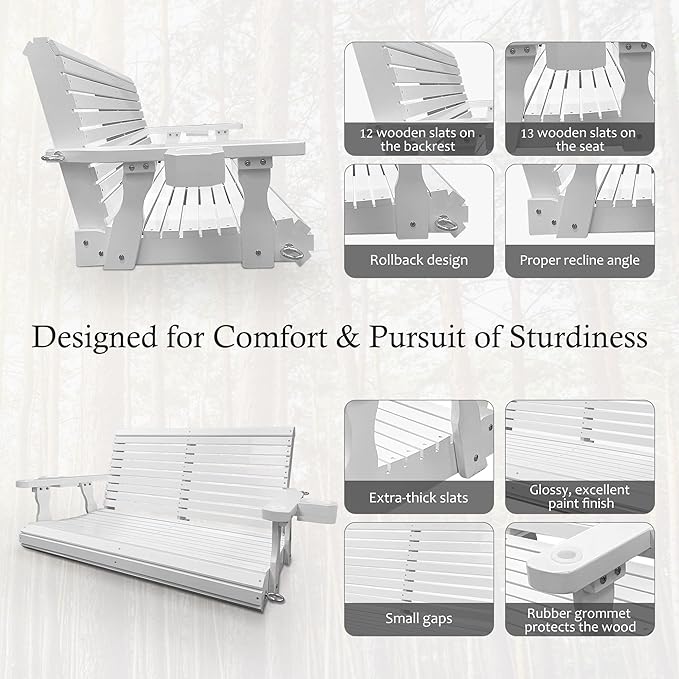 Wooden Porch Swing 2-Seater, Bench Swing with Cupholders, Hanging Chains and 7mm Springs, Heavy Duty 800 LBS, for Outdoor Patio Garden, Pure White, 4 FT Extra Large