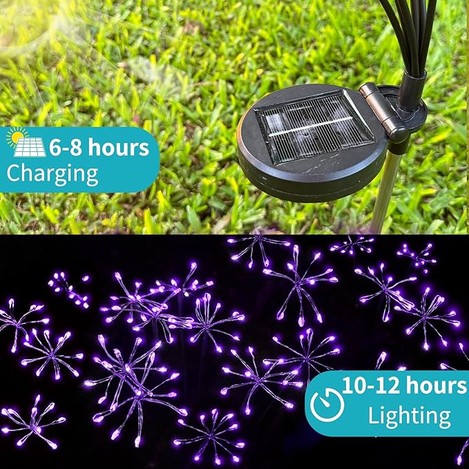 JJGoo Solar Garden Lights, New Upgraded 2 Pack Solar Swaying Starburst Light, Waterproof Fireworks Outdoor Lights, Yard Patio Pathway Decoration, Purple
