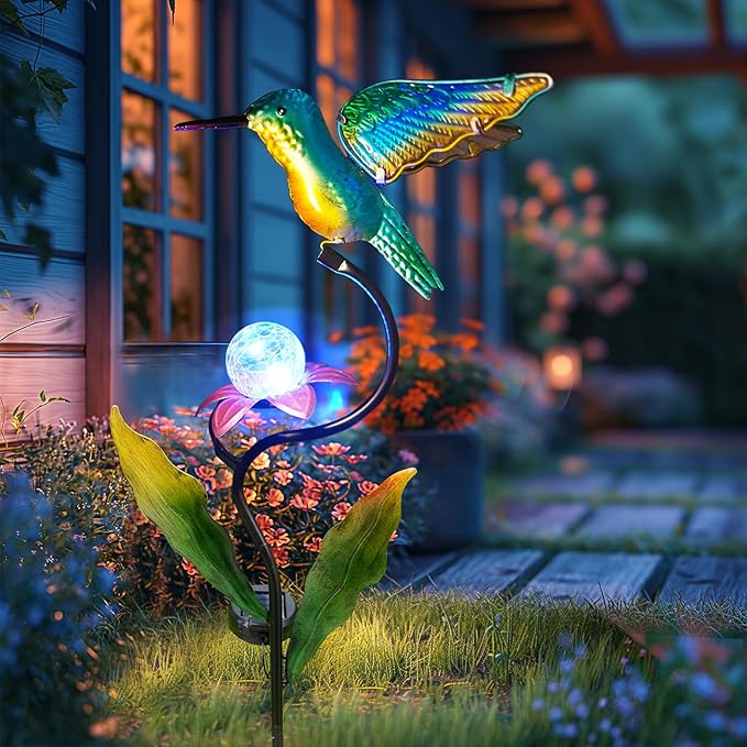 HONGLAND 46 Inch Solar Hummingbird Lights, Solar Garden Decor with Cracked Glass Ball, Hummingbird Decorative Garden Stakes Outdoor Waterproof for Lawn Patio Yard Porch, Gifts for Mom