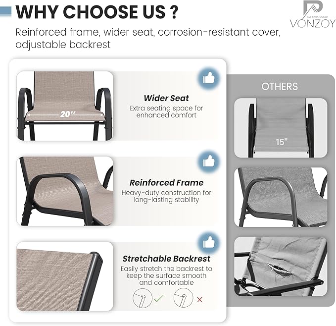 Patio Dining Chairs Set of 4, Stackable Dining Chairs High Back, Breathable Seat Fabric and Alloy Steel Frame for Backyard, Porch, Garden, Sunroom (Light Brown)
