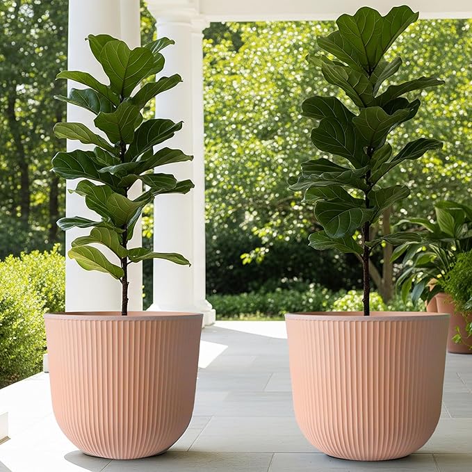 Worth Garden Round Large Planter Pot Set of 2, 17.5" Dia x 15.5" H - Durable Plastic Terracotta Plant Tree Pots with Vertical Stripe Textured Finish, Drainage Hole for Indoor Outdoor Front Porch Patio