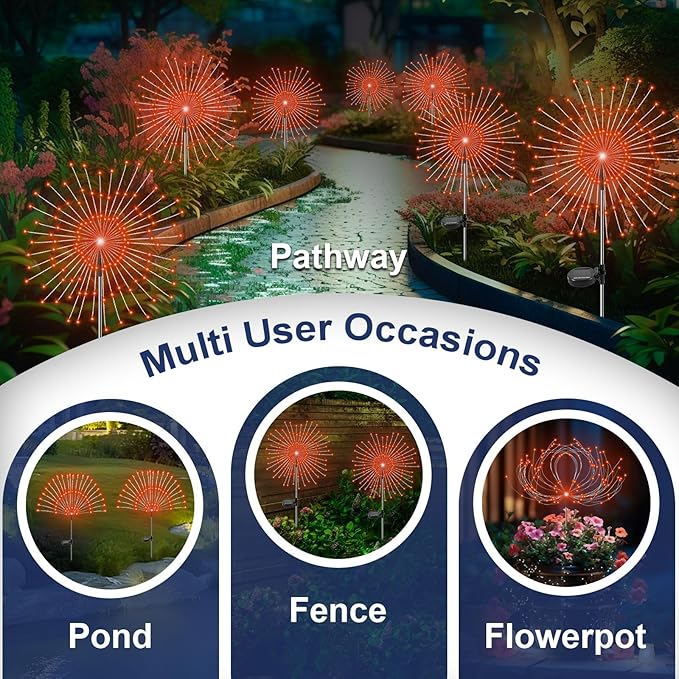 Solar Garden Lights Outdoor, 2 Pack 120 LED Twinkling Firework Lights Decorative with 2 Modes, Outdoor Waterproof Solar Starburst Light for Outside Yard Pathway Garden Decor, Orange
