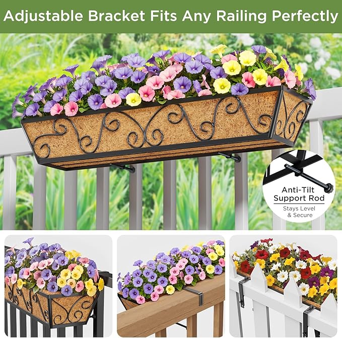 Y&M 30 Inch Butterfly Window Deck with Coco Liner, Fence Metal Hanging Flower Planter Window Basket Deck Railing Planter Boxes for Outdoor Garden Lawn 4pcs