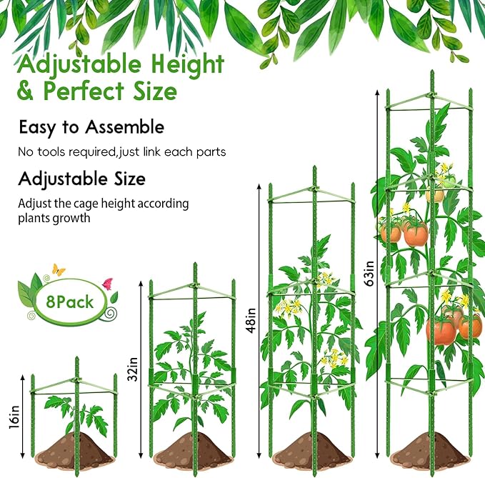 Riare 8 Pack 5.2 FT Tomato Cages for Garden- 63inches Heavy Duty Tomato Stakes and Supports, Adjustable Tall Tomato Plant Support Trellis for Pots, Raised Garden Bed, Climbing Vegetables Plants