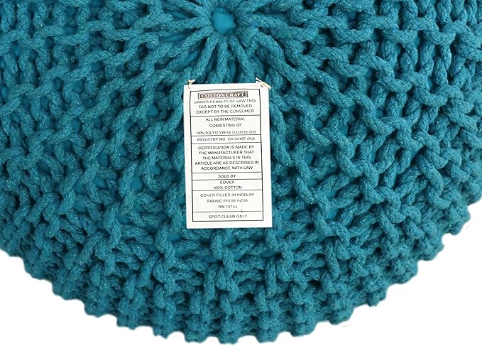 COTTON CRAFT Round Pouf - Hand Knitted Cotton Braid Cord Cable Dori Floor Pouf - Foot Stool - Ottoman Footrest Accent Seat Furniture Bean Bag - Living Room Kids Room Nursery Dorm Décor - 20x14 - Teal