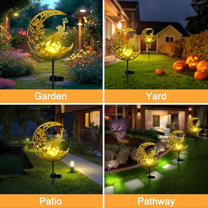 JOBOSI Solar Moon Cat Decorative Gift, Solar Moon Cat Ground Stake Light, Gifts for Women Mom Grandmother, Garden Lawn Decor Christmas & New Year Gift Cat