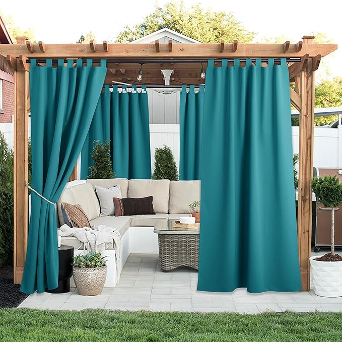 NICETOWN 2 Panels Peacock Teal Patio Curtainss Outdoor Waterproof with Self-Adhesive Tab Top, Thermal Insulated Heat & Cold Blocking Outdoor Curtainss for Easy Hanging & Sliding, W52 x L84