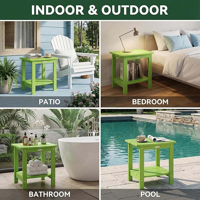 Y&M Outdoor Side Table, HIPS Adirondack Small Double Layer Table, Waterproof Square Outside Table, Balcony End Tables for Patio, Pool, Porch, Deck, Indoor or Outdoor Use, Lime