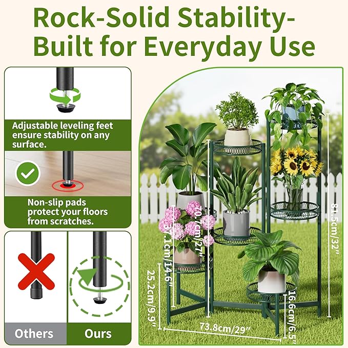 7 Tier Metal Corner Plant Stand Indoor Outdoor, Folding Tall Plant Rack, Heavy Duty Wrought Iron Flower Pot Stand, Planter Display Rack for Living Room Balcony Garden Patio - GreenFlower