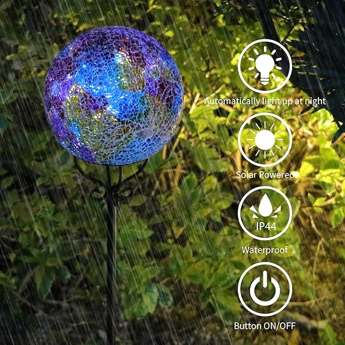 VCUTEKA Solar Outdoor Lights Garden Decor Mosaic Solar Garden Lights Waterproof Glass Ball LED Pathway Stake Light for Landscape Lawn Patio Yard Decoration 6 inch, Purple