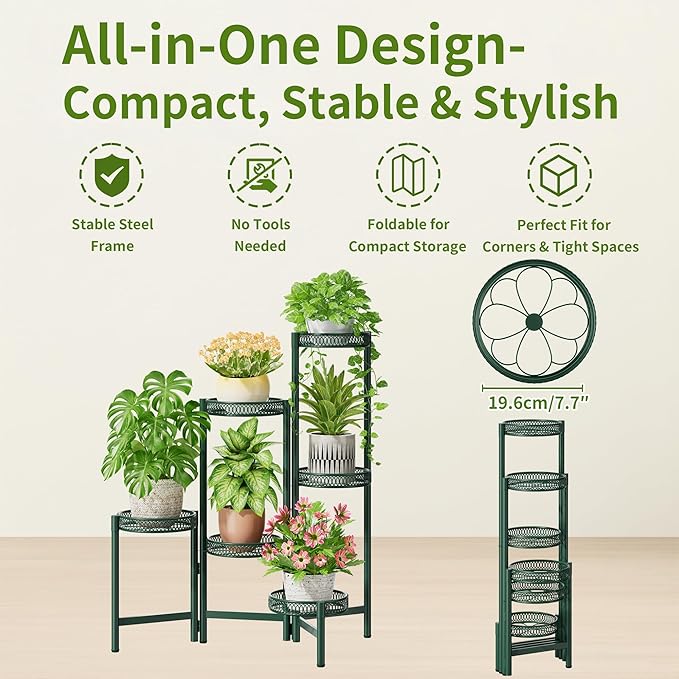 Metal Plant Stands Indoor Outdoor, 6 Tier Plant Stand Corner Plant Shelf, Folding Tall Plant Rack, Heavy Duty Iron Flower Display Holder Stand for Living Room Patio Porch Balcony - GreenFlower
