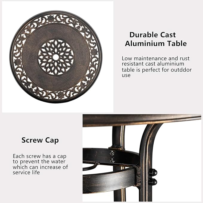 VINGLI 3 Piece Outdoor Patio Bar Set, Cast Aluminum Outdoor Swivel Bar Stools and Table w/Umberlla Hole, All-Weather Outdoor Bar Table and Chairs High Top Bistro Set w/Cushions (Grid Back)