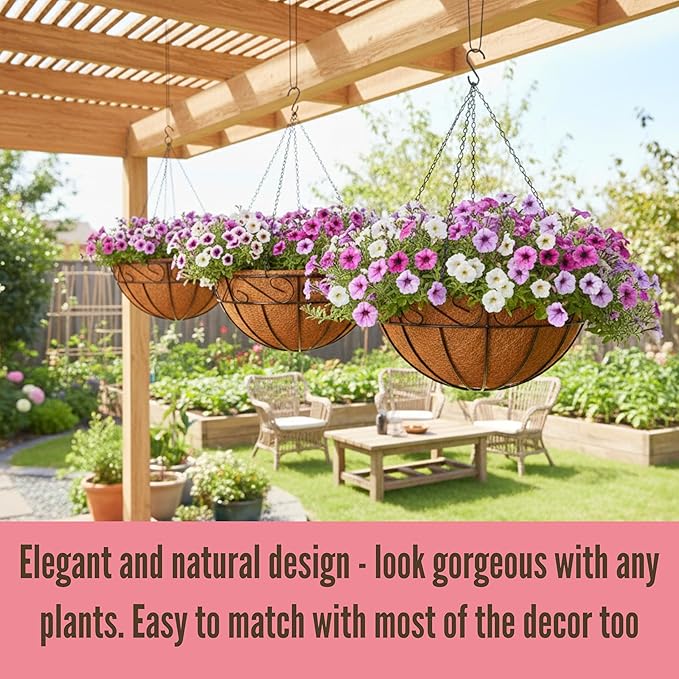 LaLaGreen Hanging Baskets for Plant Outdoor (18 Inch, 4 Pack) Large Black Metal Wire Hanging Planter with Coco Liner Round Flower Pot Hook Holder Hanger Deck Porch Country Modern Garden Balcony Decor