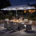 Tangkula 9 Pieces Rattan Outdoor Dining Set with 13Ft Solar Patio Umbrella for 6, Outdoor Wicker Table Set with 8 Cushioned Chairs, Acacia Wood Top, Outdoor Umbrella with Base Included