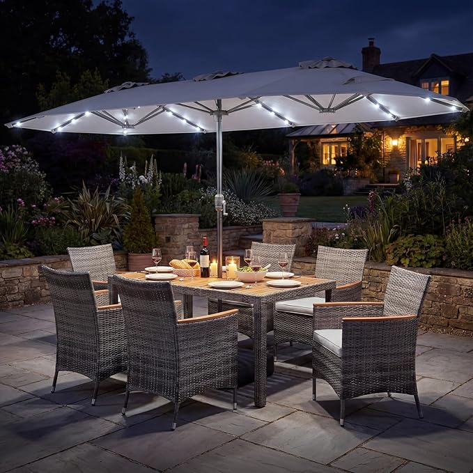 Tangkula 9 Pieces Rattan Outdoor Dining Set with 13Ft Solar Patio Umbrella for 6, Outdoor Wicker Table Set with 8 Cushioned Chairs, Acacia Wood Top, Outdoor Umbrella with Base Included