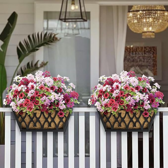 4 Pack 16 Inch Window Boxes Planters Railing Planter Box with Coco Liners Deck Railing Planter Boxes Balcony Hanging Flower Box for Outdoor Plants Garden Decor
